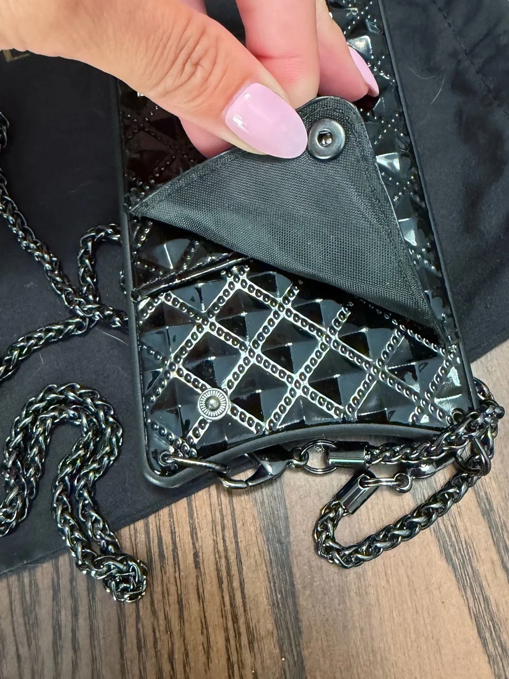 Bandolier Black Quilted Patent iPhone 13 Pro Case with Chain Strap